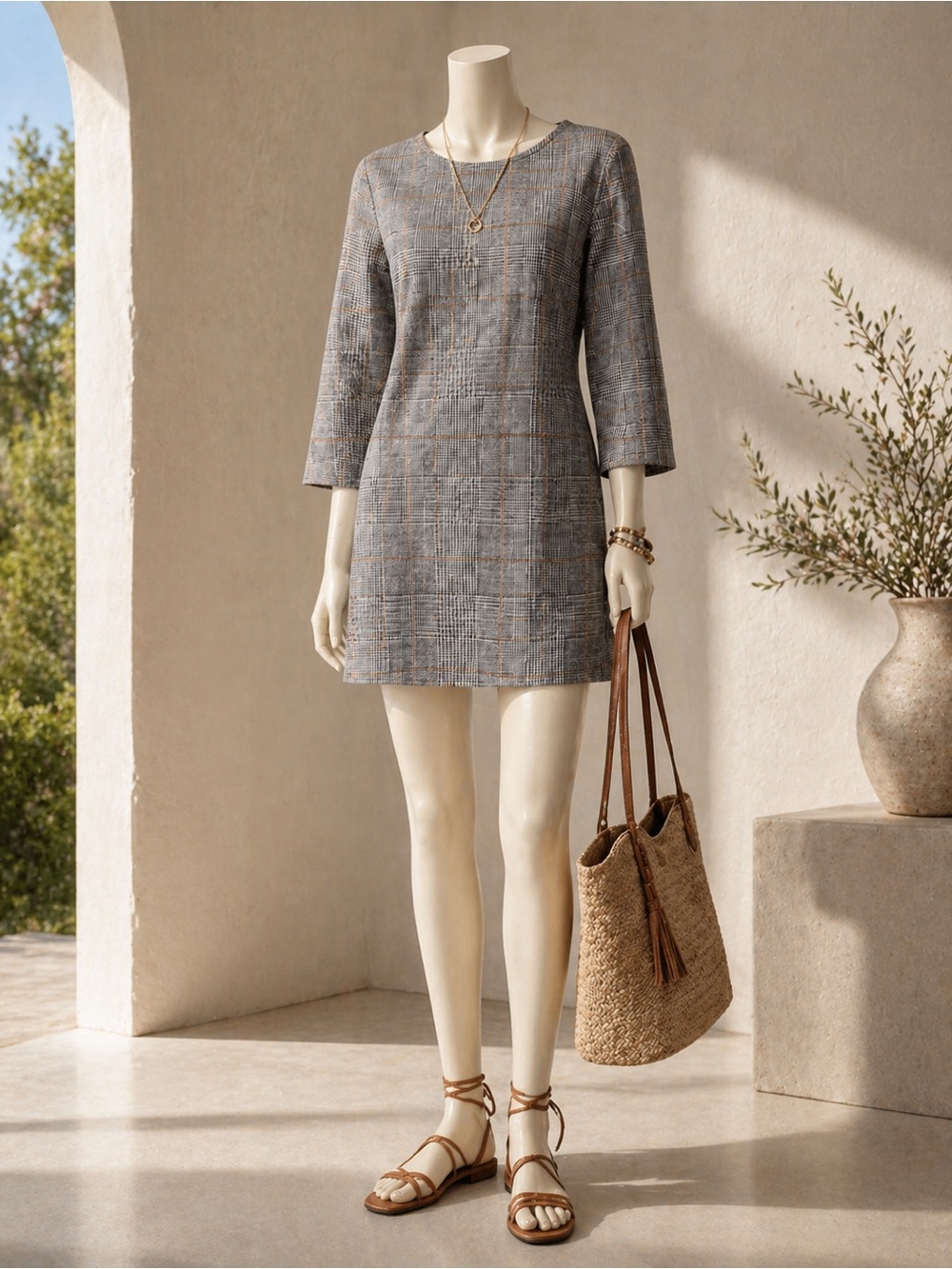 stradivarius Gray Plaid Shift Dress